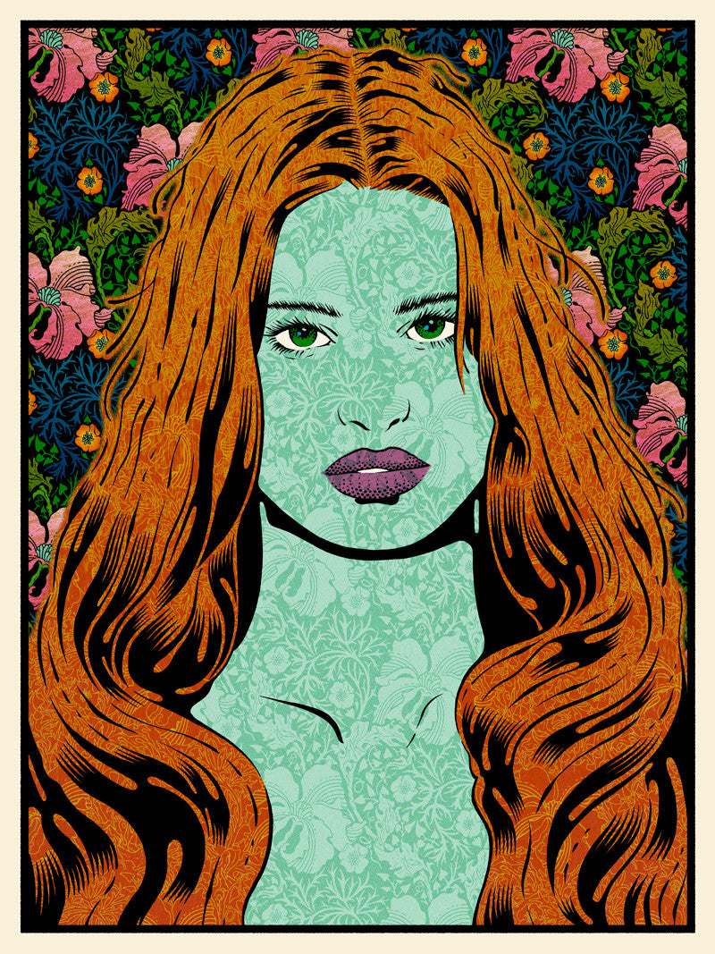 A vibrant artwork of a woman with long, wavy orange hair and green skin adorned with floral patterns in Chuck Sperrys style. The background is filled with vivid flowers, creating a striking tapestry effect similar to a Helikon screen print.