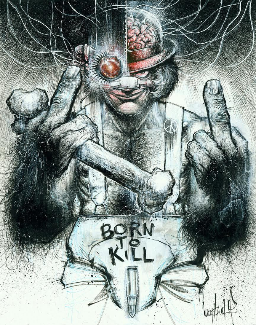 A cartoonish gorilla, in Jon Wayshak style, wears a hat and goggles, flipping the middle finger. It has an exposed brain and suspenders with BORN TO KILL on its belt and a peace symbol contrasting the vivid abstract background.