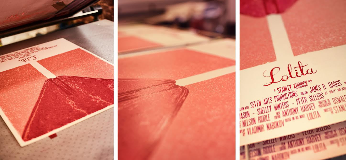 The screen printing process showcases a partly printed poster in pink and red tones. The design features stylized Lolita text, crafted on 230g Stardream Cordenons metallic paper by Bartosz Kosowski, suggesting a cinematic or theatrical theme.