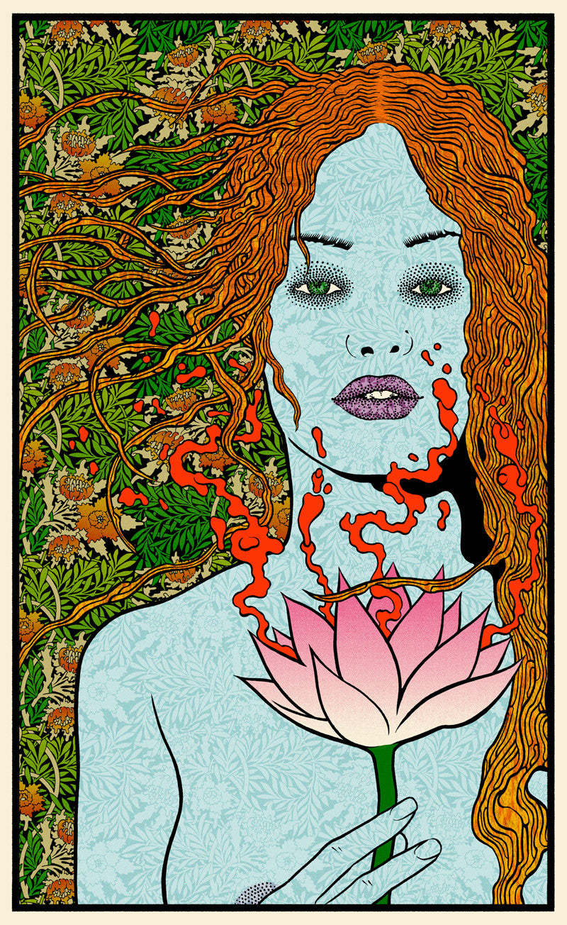 A stylized Lotus-Eater woman with long wavy hair, light blue skin, and a pink lotus is shown amidst red abstract shapes. Inspired by Chuck Sperry, the oak panel backdrop features intricate green and orange floral patterns.