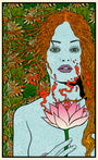 A stylized Lotus-Eater woman with long wavy hair, light blue skin, and a pink lotus is shown amidst red abstract shapes. Inspired by Chuck Sperry, the oak panel backdrop features intricate green and orange floral patterns.
