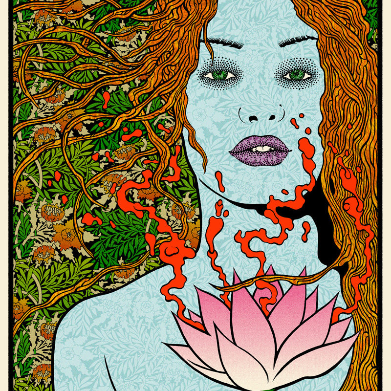A stylized Lotus-Eater woman with long wavy hair, light blue skin, and a pink lotus is shown amidst red abstract shapes. Inspired by Chuck Sperry, the oak panel backdrop features intricate green and orange floral patterns.