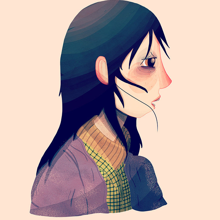 This exclusive Nan Lawson giclee print, part of a 30-piece edition, showcases Wendy in profile with long dark hair and freckles. She is wearing a high-neck plaid shirt and purple jacket against a light beige background.