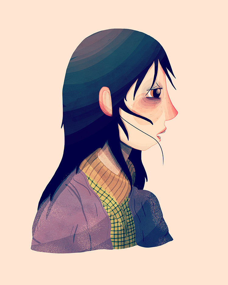 This exclusive Nan Lawson giclee print, part of a 30-piece edition, showcases Wendy in profile with long dark hair and freckles. She is wearing a high-neck plaid shirt and purple jacket against a light beige background.