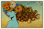 A Chuck Sperry-inspired illustration of a woman with flowing hair and vibrant flowers is depicted against a swirling blue and gold background on an oak panel. She gazes over her shoulder with skin tinged in blue, exuding the allure of a limited edition piece.