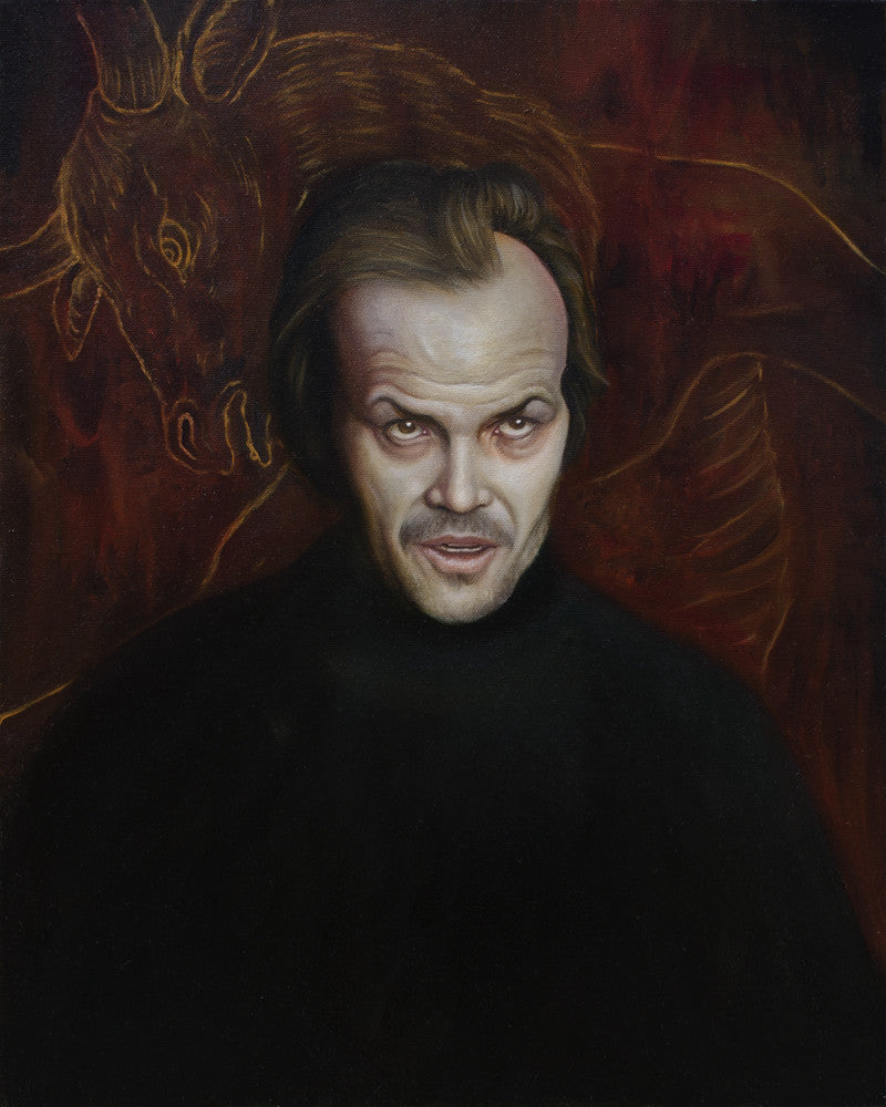 A dark and moody oil on canvas by Michael Ramstead features a sinister-looking man in dark attire with a stylized, reddish-brown minotaur in the background.