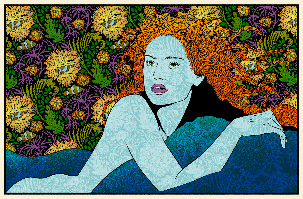 An Art Nouveau oak panel features an Oceanid woman with flowing red hair, serene in blue fabric among green and yellow foliage. Intricate floral motifs reflect Chuck Sperrys vivid artistry style.