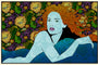 An Art Nouveau oak panel features an Oceanid woman with flowing red hair, serene in blue fabric among green and yellow foliage. Intricate floral motifs reflect Chuck Sperrys vivid artistry style.