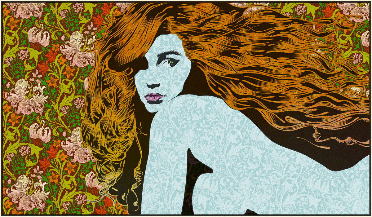 A screen print by Chuck Sperry features an artistic illustration of a woman with long, flowing hair over an earth-toned floral-pattern background. The woman, depicted in pale blue, has intricate designs overlaying her skin to create a bold contrast with the backdrop.