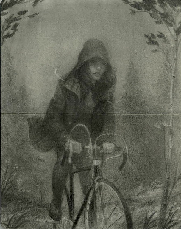 A Zach Montoya grayscale sketch on Moleskine paper depicts a person in a hooded jacket riding a bicycle through a forest. Created with graphite, it features trees and foliage, creating a moody, atmospheric scene.