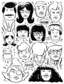 A Bagger43 black and white illustration showcases cartoon faces with diverse hairstyles, expressions, playful hamburger sketches akin to Bob’s Burgers, a cheerful bird, and lively musical notes.