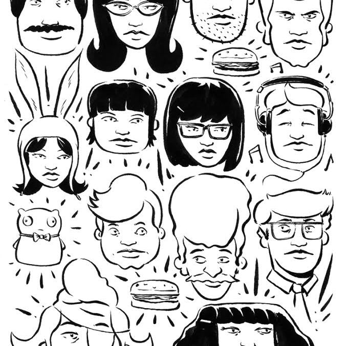 A Bagger43 black and white illustration showcases cartoon faces with diverse hairstyles, expressions, playful hamburger sketches akin to Bob’s Burgers, a cheerful bird, and lively musical notes.