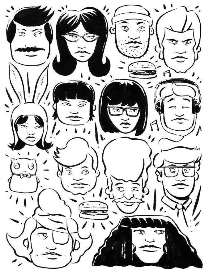 A Bagger43 black and white illustration showcases cartoon faces with diverse hairstyles, expressions, playful hamburger sketches akin to Bob’s Burgers, a cheerful bird, and lively musical notes.
