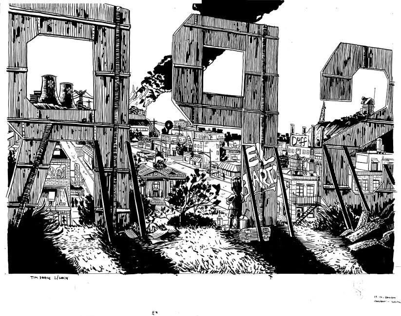 Original illustration by Tim Doyle: a cityscape with industrial-style LOS letters, Springfield-like urban scene with buildings, smokestacks emitting smoke, and a billboard showcasing his unique artistry.