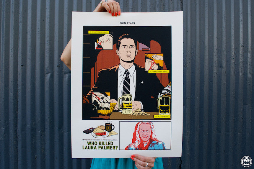 Set against a corrugated metal backdrop, Matthew Skiffs striking screenprint titled Twin Peaks features a man in a suit with a glass. Smaller panels hint at the Who Killed Laura Palmer? mystery with a red-haired figure. No decoder glasses needed!.