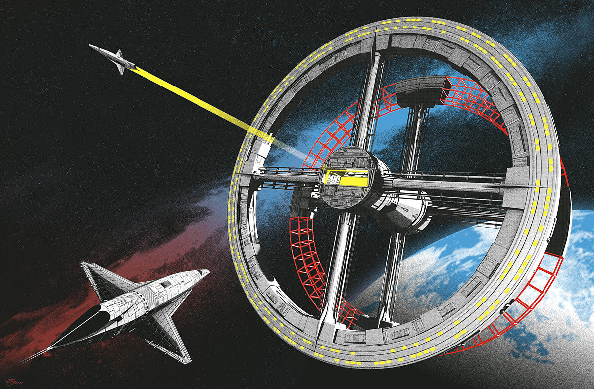 Chris Skinners limited edition screen print depicts a futuristic space station orbiting Earth, featuring a circular structure with two spacecraft approaching. One ship emits a yellow beam amidst the awe-inspiring outer space backdrop of stars and the planet.