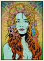 This limited edition piece by Chuck Sperry features Maia with flowing hair, a floral crown, blue-tinted skin, intense eyes, and magenta lips set against a vivid background of pink, green, and yellow patterns.