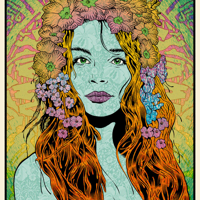 This limited edition piece by Chuck Sperry features Maia with flowing hair, a floral crown, blue-tinted skin, intense eyes, and magenta lips set against a vivid background of pink, green, and yellow patterns.