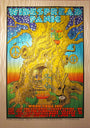 Vibrant Chuck Sperry poster for Widespread Panics Wood Tour 2012 showcases a whimsical treehouse with musical elements like a guitar and swirling wave foil designs. Tour dates and locations are listed at the bottom.