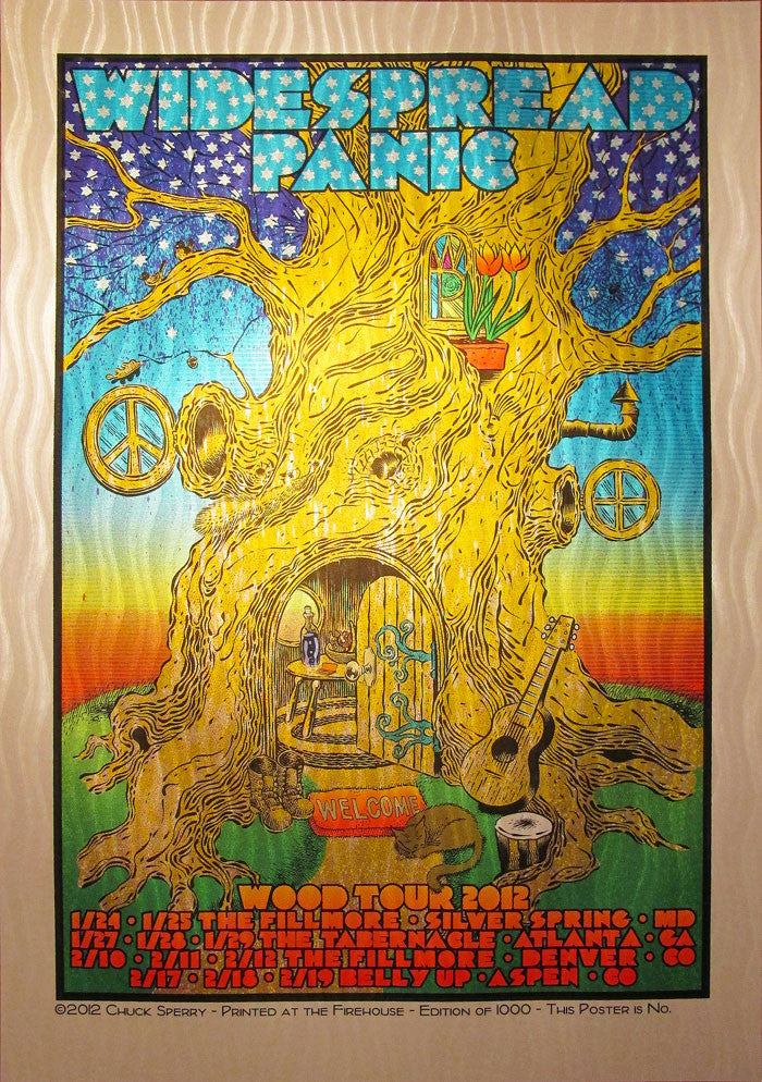Vibrant Chuck Sperry poster for Widespread Panics Wood Tour 2012 showcases a whimsical treehouse with musical elements like a guitar and swirling wave foil designs. Tour dates and locations are listed at the bottom.
