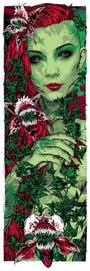 The screen print, in Rhys Coopers style, portrays a serene woman with green skin and fiery red hair. She is surrounded by entangled vines and sharp-toothed carnivorous plants, creating an Ivy-like contrast of vibrant greens and reds.