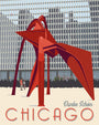 This exclusive giclee print by Steve Thomas features Alexander Calders red Flamingo sculpture in Chicago, set against a large office building backdrop with stylized Chicago lettering at the bottom—limited edition of 40.