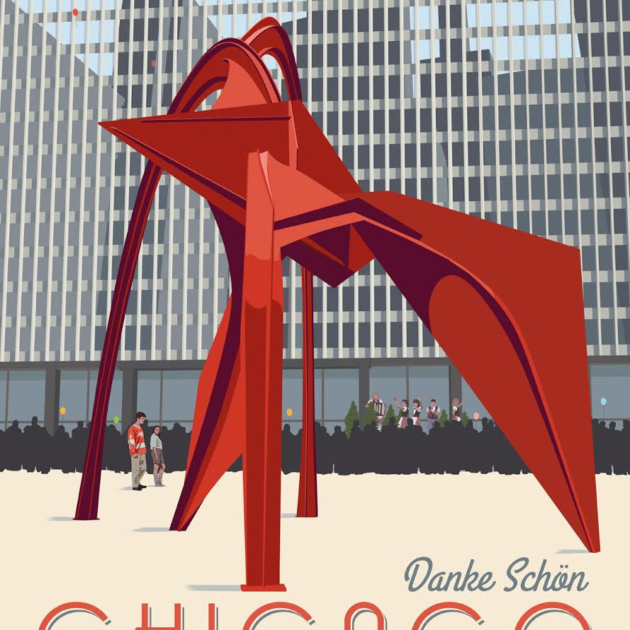 This exclusive giclee print by Steve Thomas features Alexander Calders red Flamingo sculpture in Chicago, set against a large office building backdrop with stylized Chicago lettering at the bottom—limited edition of 40.