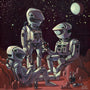 In Happy Hour, acrylic on panel by Jesse Riggle, three astronauts in retro suits share drinks and laughter under a starry sky on a rocky alien landscape with an alien planet looming in the background, capturing their joyous camaraderie.