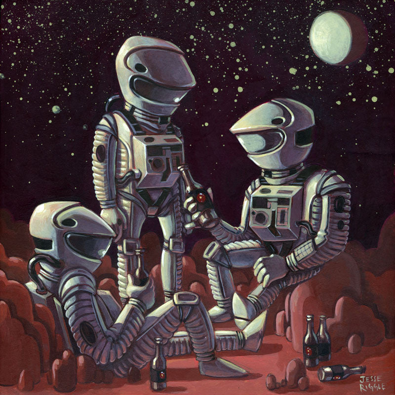 In Happy Hour, acrylic on panel by Jesse Riggle, three astronauts in retro suits share drinks and laughter under a starry sky on a rocky alien landscape with an alien planet looming in the background, capturing their joyous camaraderie.