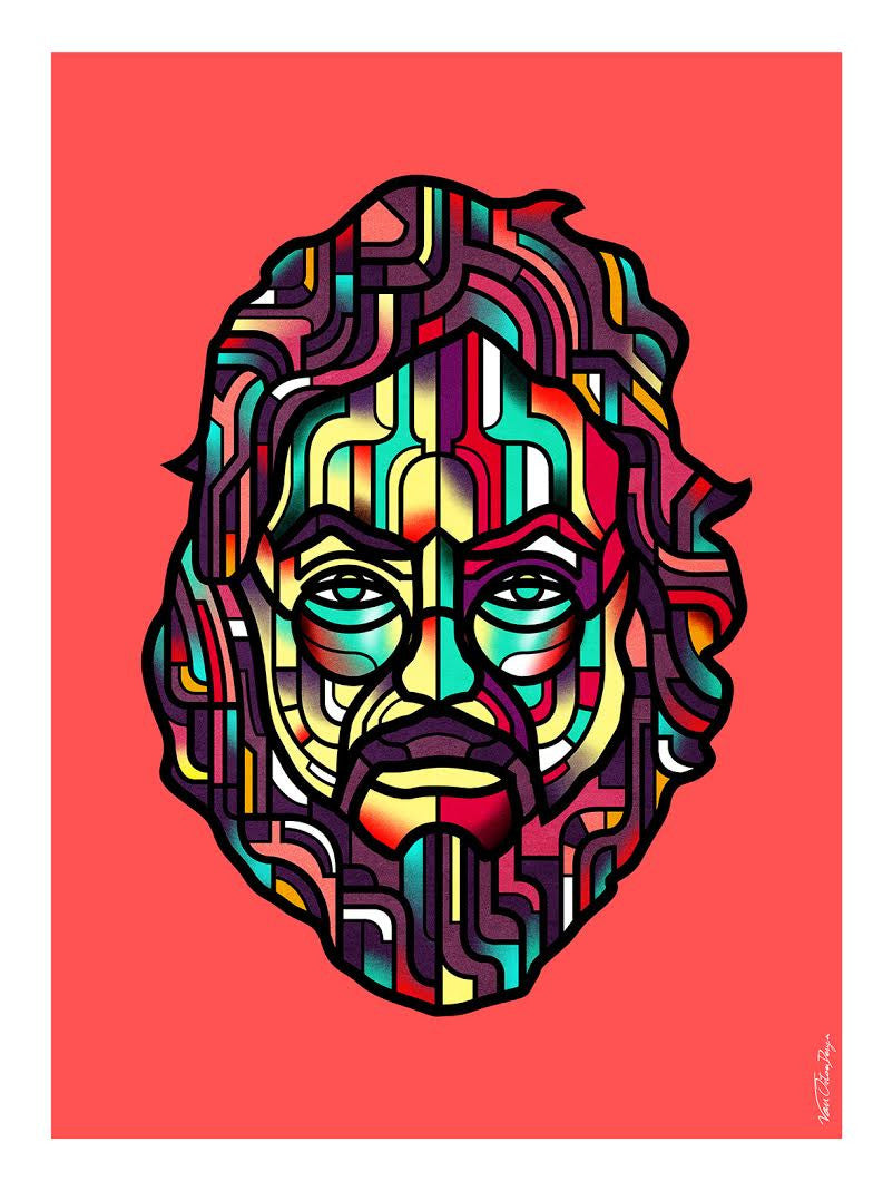 Abstract portrait of a bearded man featuring Van Orton Designs multicolored geometric patterns in red, yellow, blue, and black on a vibrant red background. This fine art giclee embodies the dynamic essence of pop culture.