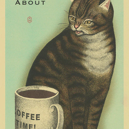 striped cat looking at full coffee cup with text above "So many things to be upset about"
