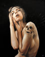 A surreal painting by Charmaine Olivia shows a person with short hair, eyes half-closed, cradling a skull on their shoulder. Their hand softly touches their face. This oil on wood piece has a dark background that accentuates the dramatic pose and expressive features.