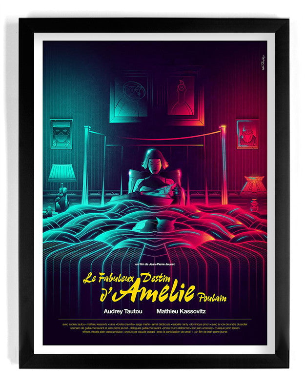 Van Orton Designs stylized poster for Le Fabuleux Destin dAmélie Poulain features a woman in bed with striking red and blue lighting, complemented by whimsical decor of lamps, mirrors, and intricate wallpaper, resembling a fine art giclee edition.