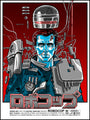 A futuristic cyborg with a human face and robotic body is surrounded by mechanical parts on a red and blue background with Japanese text. This Tim Doyle piece is printed on pearlescent paper, with event details at the bottom.