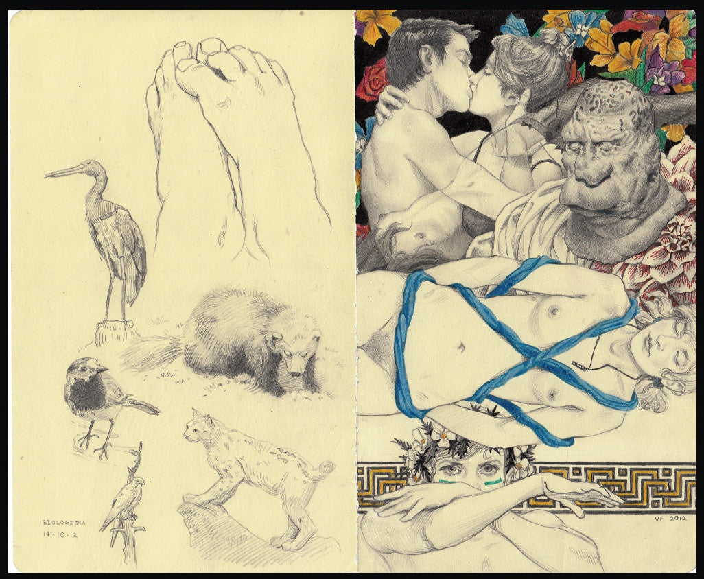 The Ville Ericsson sketchbook page is divided in two: one side features pencil sketches of a bird, cat, animals, and feet in his signature style, while the other side displays mixed media drawings of entwined figures, a womans face, and flowers on a patterned background.