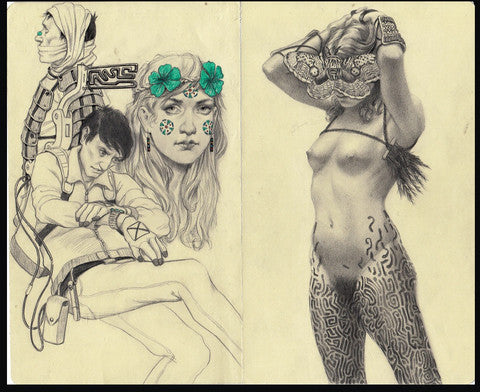 Ville Ericssons detailed abstract features a futuristic man with gear, a woman with floral facial details, and another woman holding a mask. His signature mixed media style is evident in the geometric and organic patterns throughout the composition.