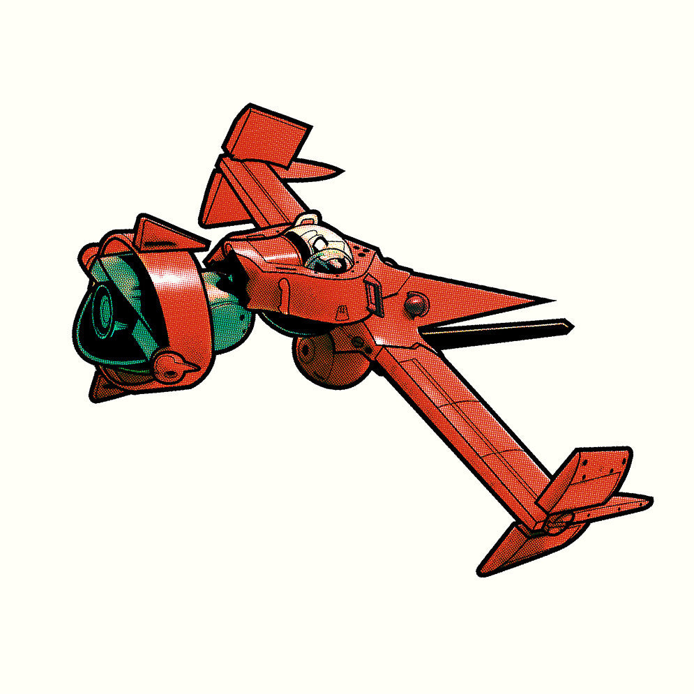 A cartoon-style red aircraft illustration, echoing the Swordfish II with its distinctive two-wing design and front propeller, features a visible cockpit between the wings on an off-white background. This is a limited edition screenprint by Joshua Budich, one of only 100 exclusive prints.