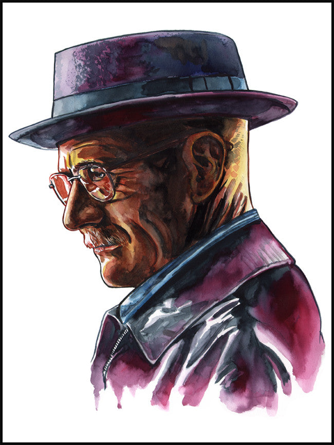 This limited edition watercolor by Tim Doyle portrays a man in glasses with a mustache, donning a blue hat and dark jacket. The side-profile features detailed brushwork, blending vibrant shades of purple and brown.