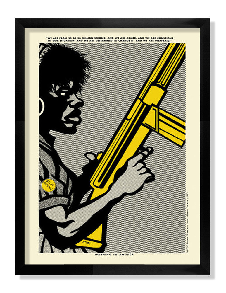 A silk screen print by Emory Douglas features a person with a yellow rifle against a high-contrast background, inspired by the revolutionary artist. Text adorns the top, and Welcome to America is displayed at the bottom.