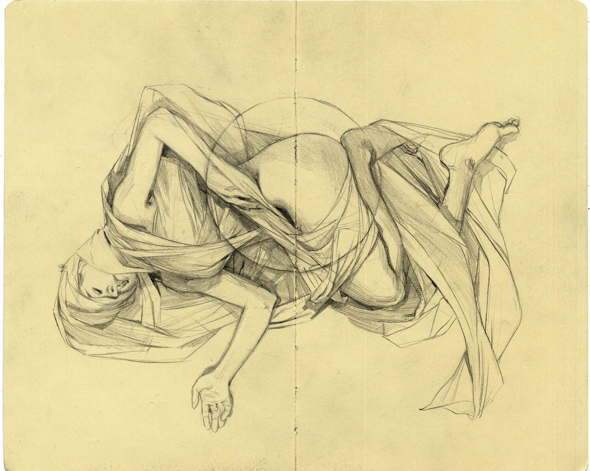 A serene figure in repose, draped in fabric with gracefully positioned limbs, is captured in delicate pencil lines by Wesley Burt. The graphite work on Moleskine showcases movement and texture against a plain background at Spoke Art Gallery.
