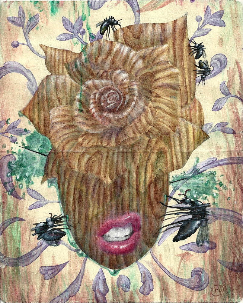 Xiau-Fong Wees surreal artwork features a face with a wooden texture and rose pattern, slightly open painted lips, and is surrounded by lavender and green foliage. Flies hover around the edges, enhancing its insect juice theme. Muted pastel tones complete the acrylic piece on Moleskine.