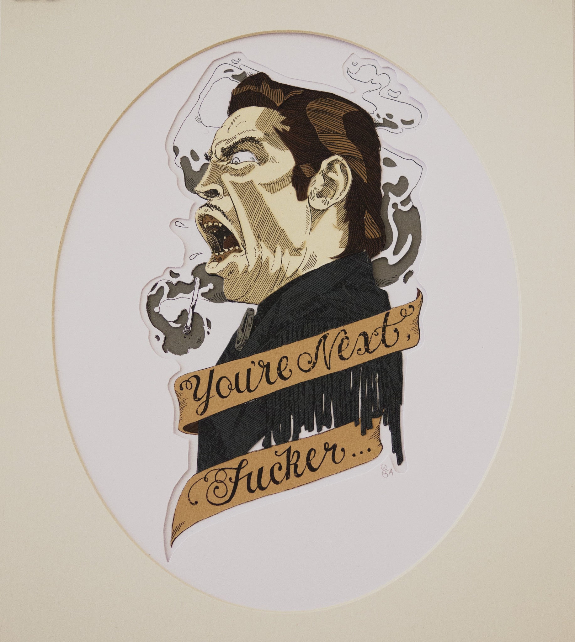 An Eightbit-style illustration shows a man yelling amid swirling smoke. A banner exclaims, Youre Next, Sucker... The vintage design mimics a hand-cut layered print come to life.