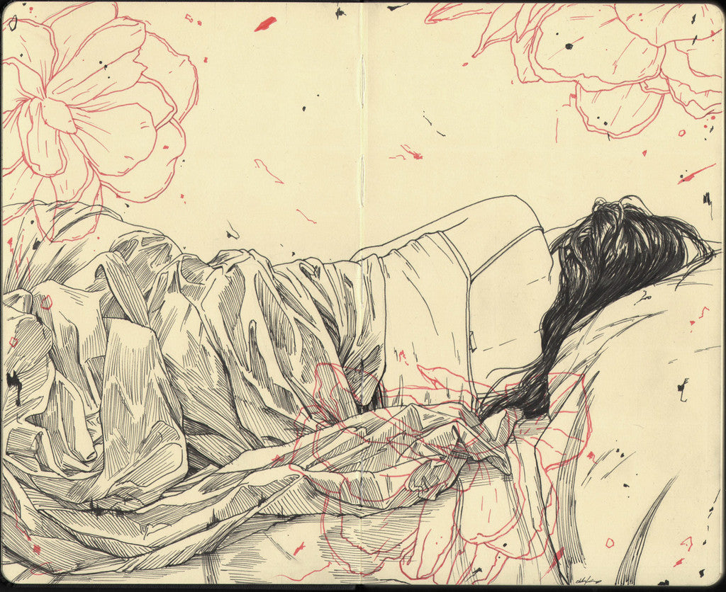 A person with long hair lies on their side in a blanket, surrounded by red floral pen and ink patterns. This custom-framed artwork by Zachary Oldenkamp evokes a serene and restful vibe.